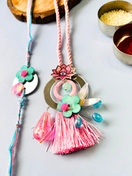 Floral Mirror Work Lumba Rakhi Set for Bhaiya Bhabhi with Roli Chawal
