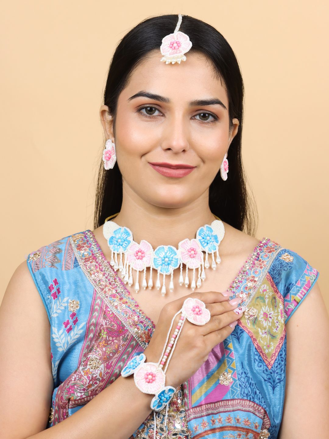 Flower Blossom Bridal Jewellery Set (Pink and Blue)