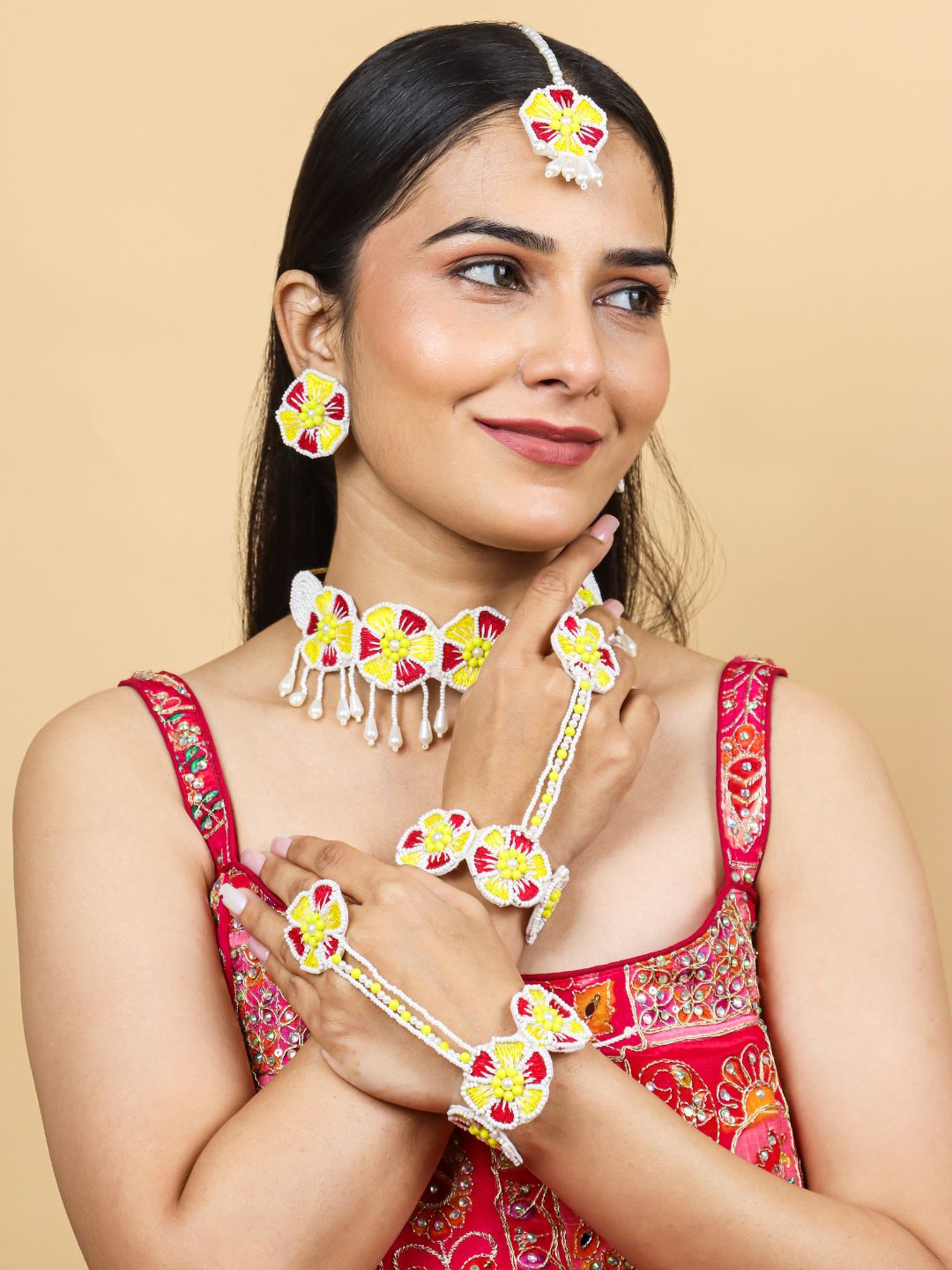 Flower Blossom Bridal Jewellery Set (Red-Yellow)