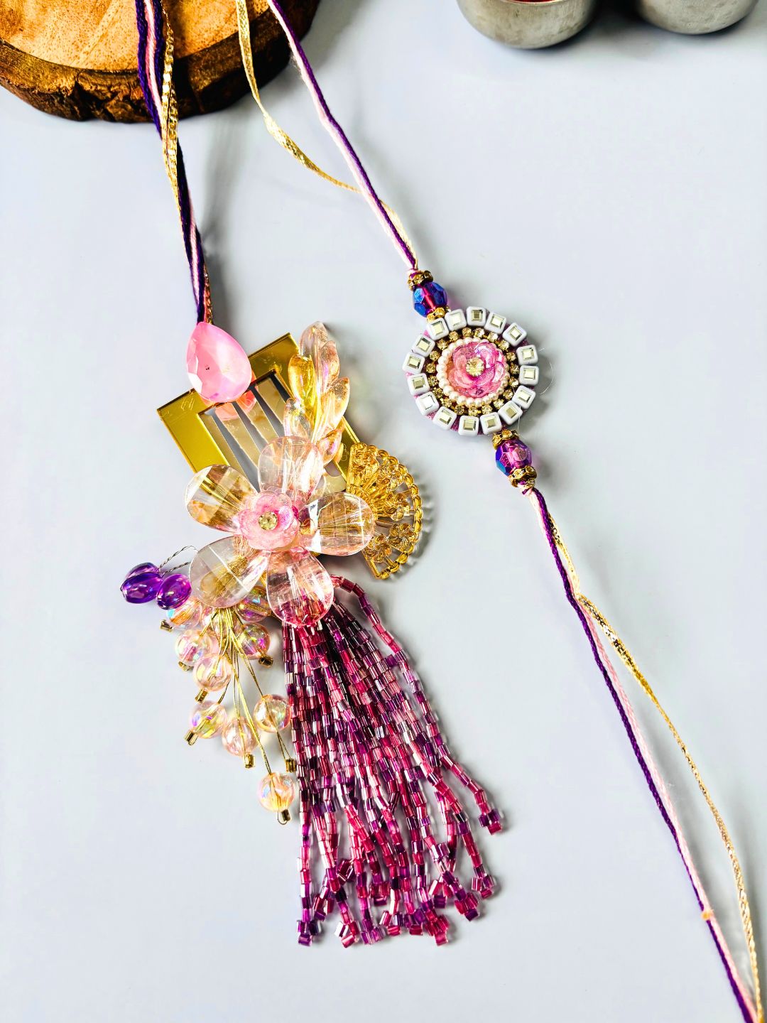 Purple Floral Lumba Rakhi Set for Bhaiya Bhabhi with Roli Chawal