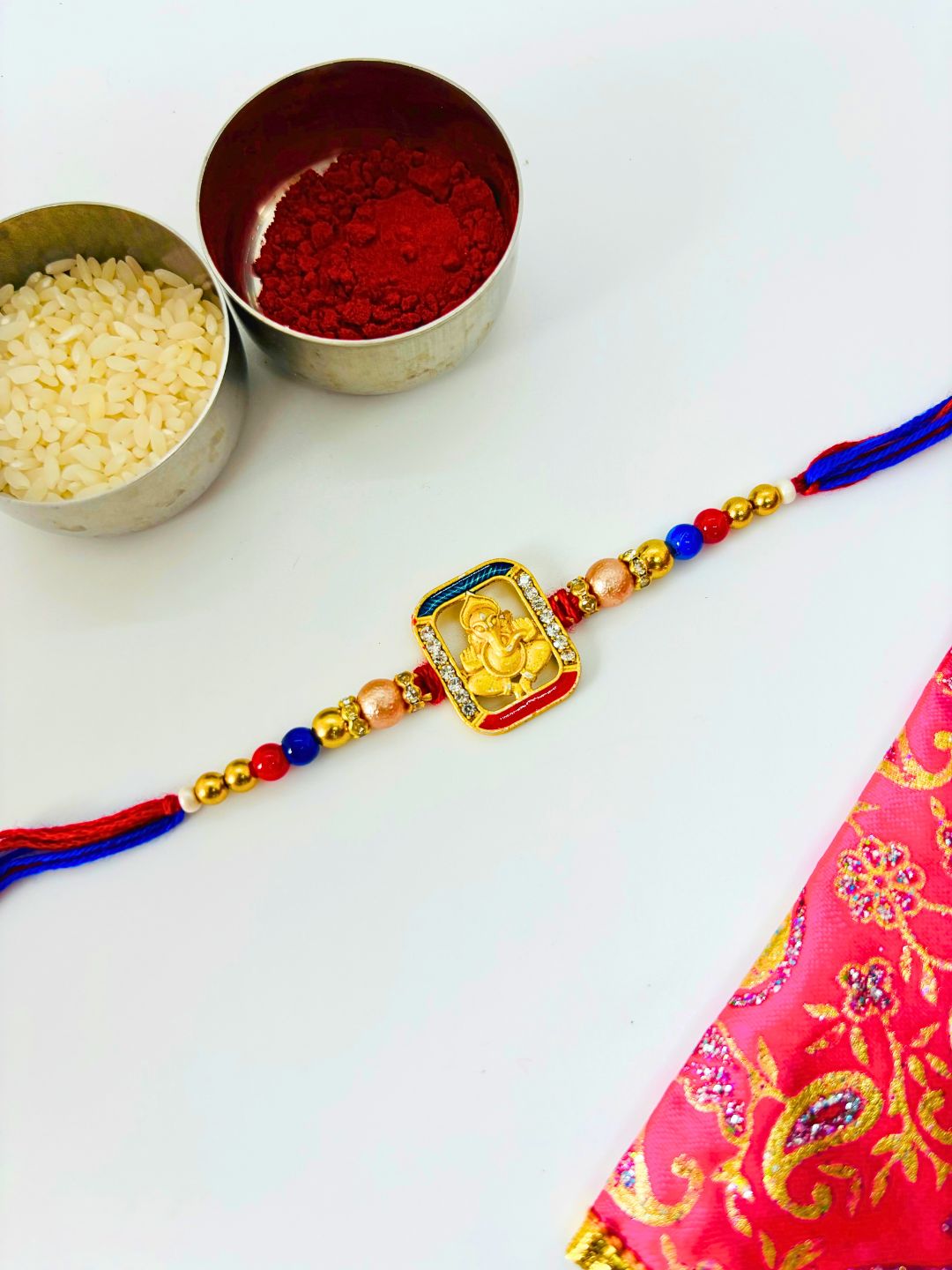 Traditional Ganeshji Meenakari Kundan Rakhi with Roli Chawal for Brother