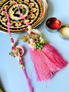 Pink Embellished Lumba Rakhi Set for Bhaiya Bhabhi with Roli Chawal