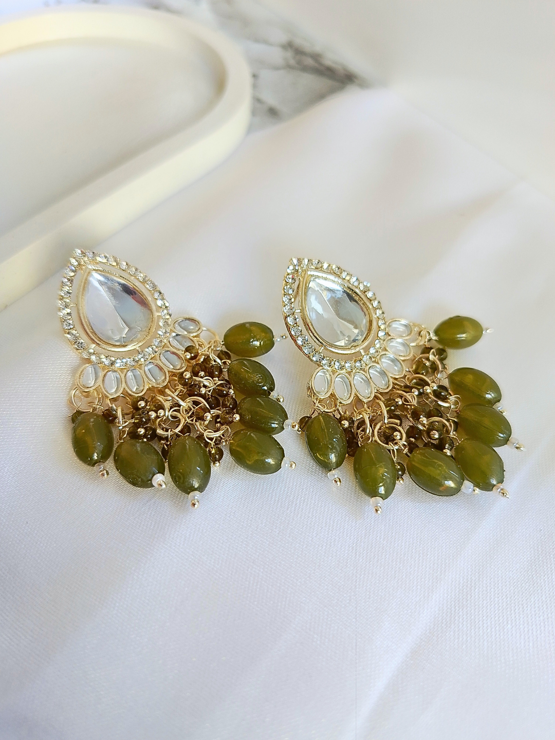 Kundan Minakari Tassel Earrings (Olive Green)