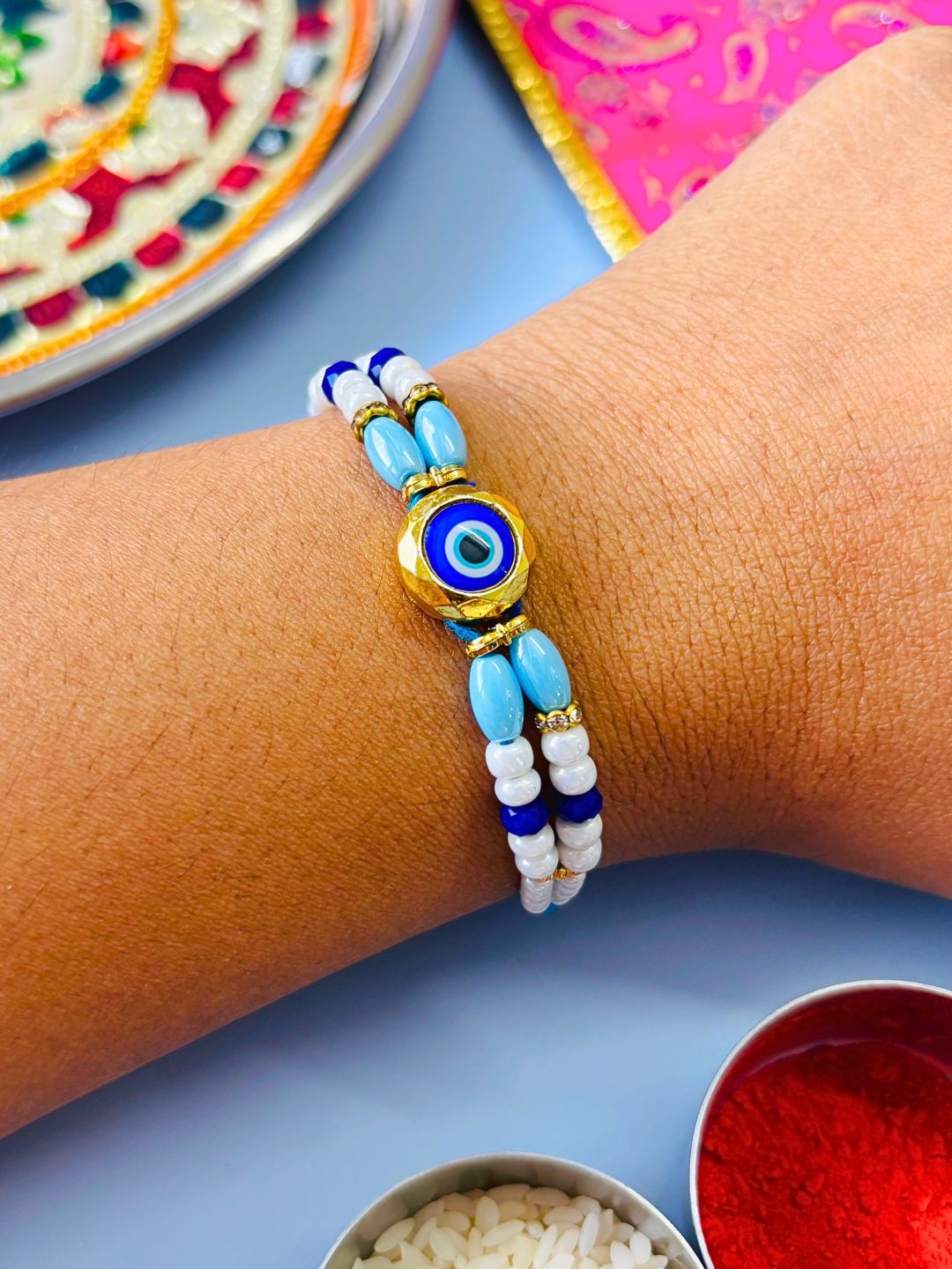Evil Eye Beaded Rakhi with Roli Chawal