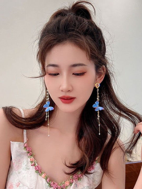 Blue Butterfly Tassel Earrings