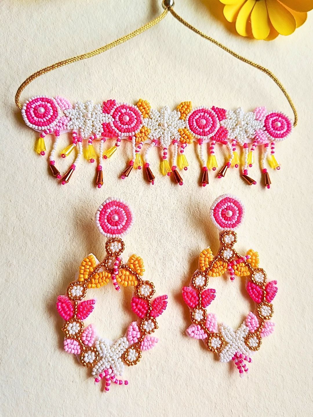 Zia Floral Bridal Choker Set (Pink and Yellow)