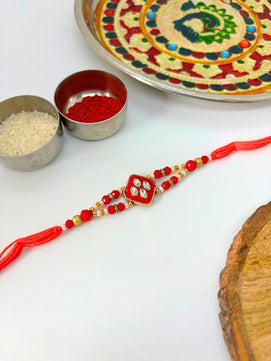 Traditional Meenakari Kundan Rakhi with Roli Chawal for Brother - Red (Pack of 2)