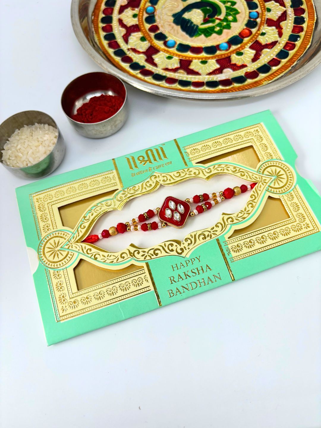 Traditional Meenakari Kundan Rakhi with Roli Chawal for Brother (Red)