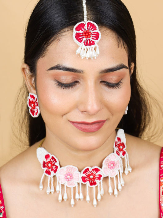 Flower Blossom Choker Maangtika Set (Red Pink)