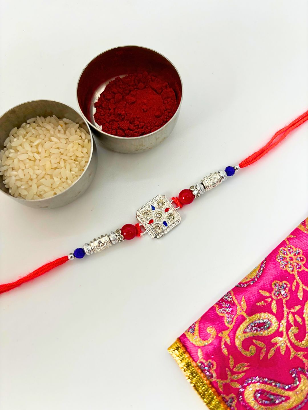 German Silver Stone Rakhi with Roli Chawal for Brother (Pack of 1)