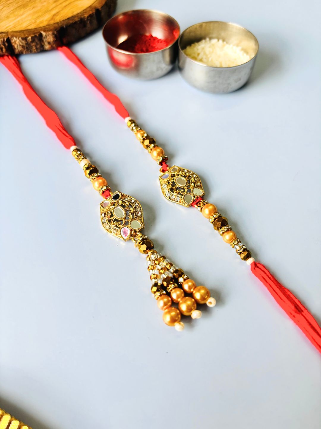 Mirror Work Lumba Rakhi Set for Bhaiya Bhabhi with Roli Chawal