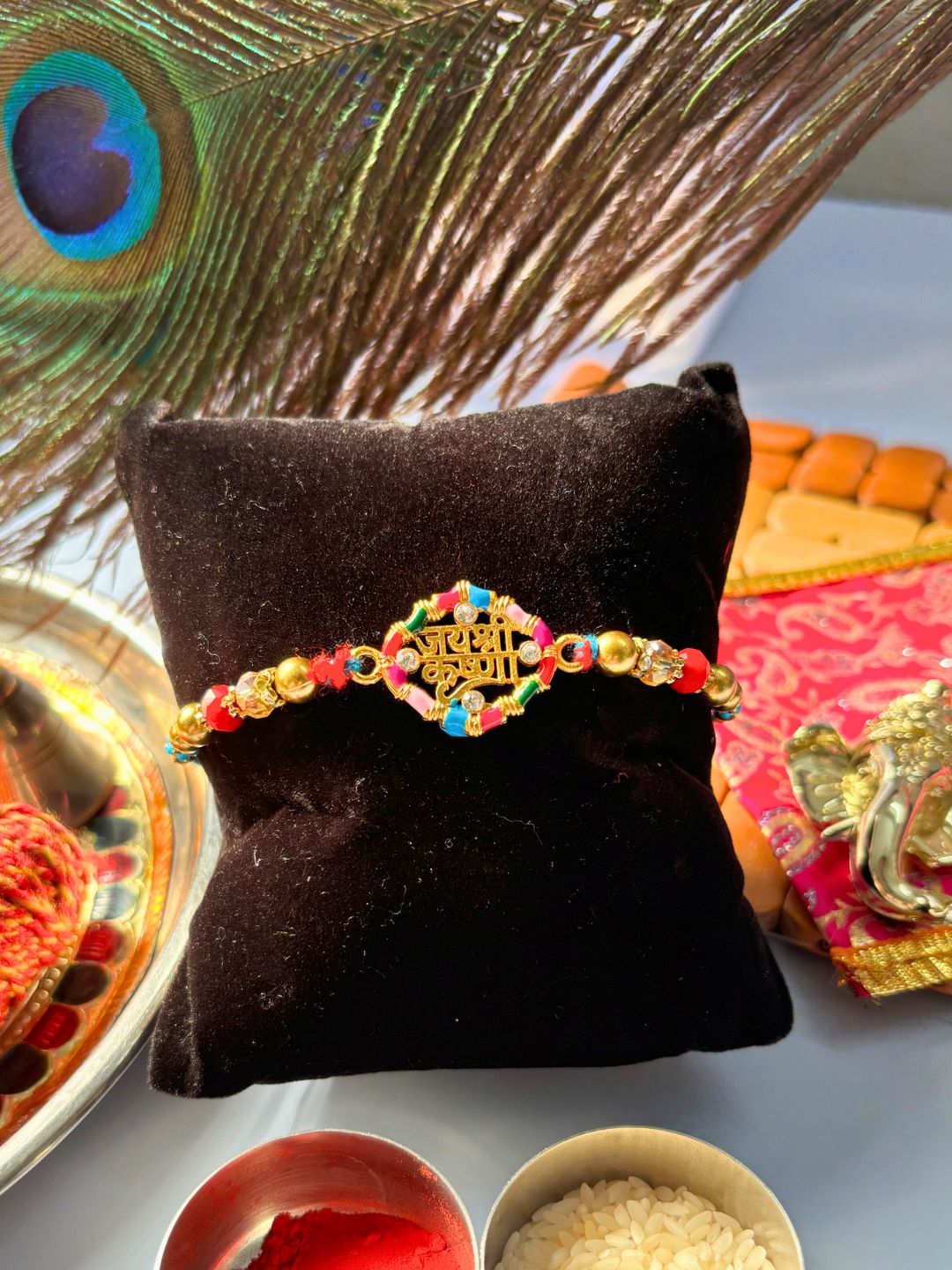 Traditional Shri Krishna Rakhi with Roli Chawal for Brother