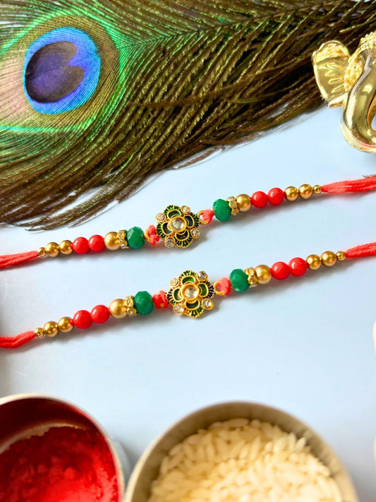 Traditional Kundan Rakhi with Roli Chawal for Brother - Floral Accent (Pack of 2)