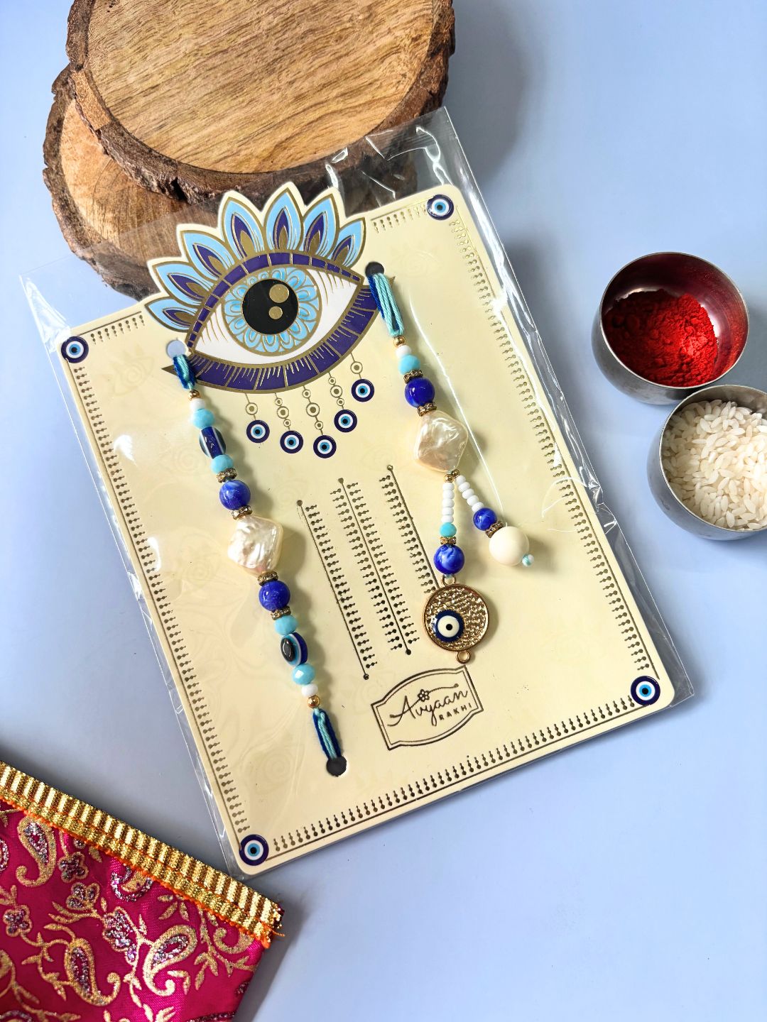 Evil Eye Mother of Pearl Lumba Rakhi Set for Bhaiya Bhabhi with Roli Chawal
