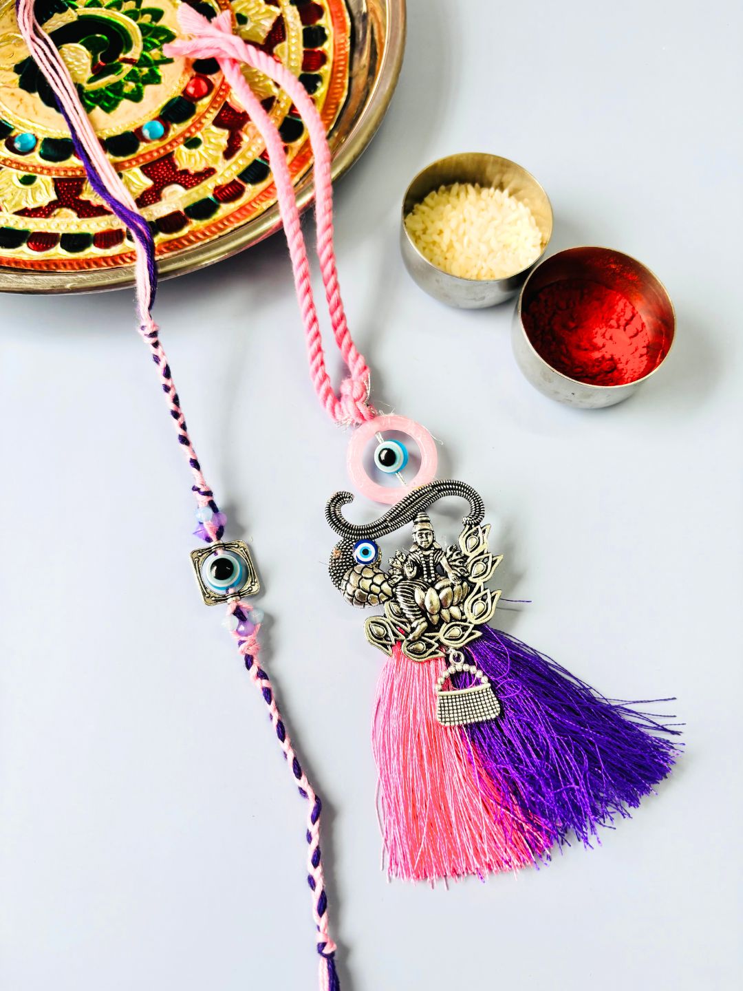 Evil Eye Oxidized Silver Lakshmi Maa Lumba Rakhi Set for Bhaiya Bhabhi with Roli Chawal