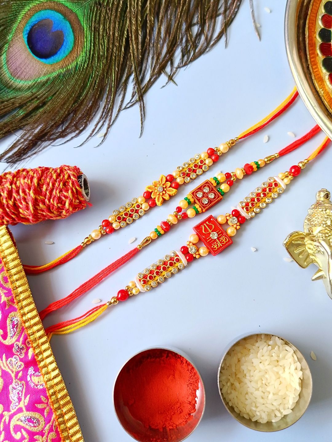 Traditional Embellishment Thread Rakhi with Roli Chawal for Brother (Pack of 3 Rakhis)