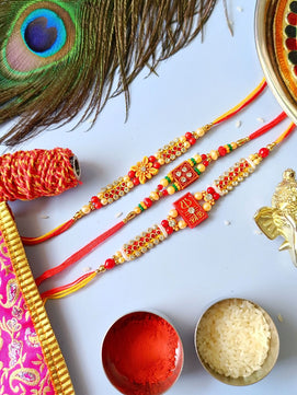 Traditional Embellishment Thread Rakhi with Roli Chawal for Brother (Pack of 3 Rakhis)