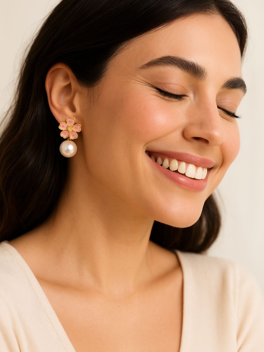 Pink Flower Drop Earrings with Pearl