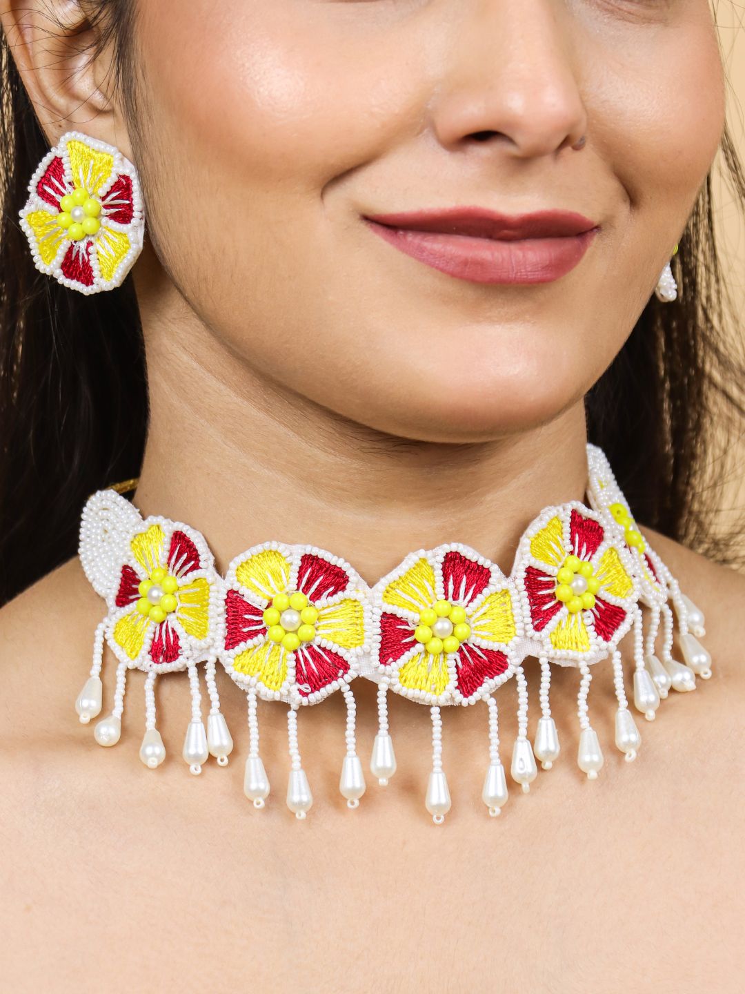 Flower Blossom Choker Set (Red-Yellow)