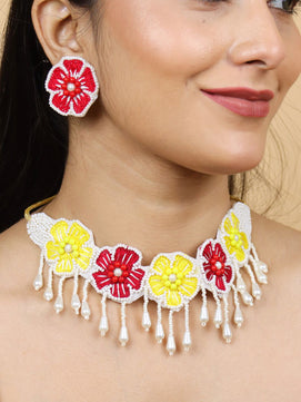 Flower Blossom Bridal Jewellery Set (Red and Yellow)