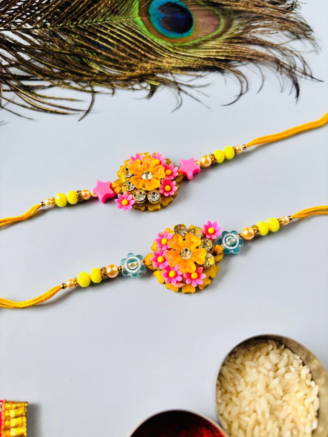 Cute Floral Kids Rakhi with Roli Chawal for Brother (Pack of 2)