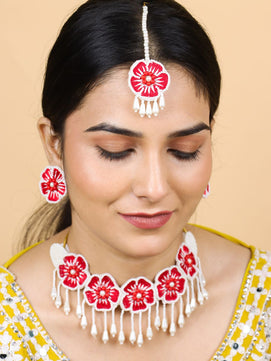 Flower Blossom Choker Maangtika Set (Red)