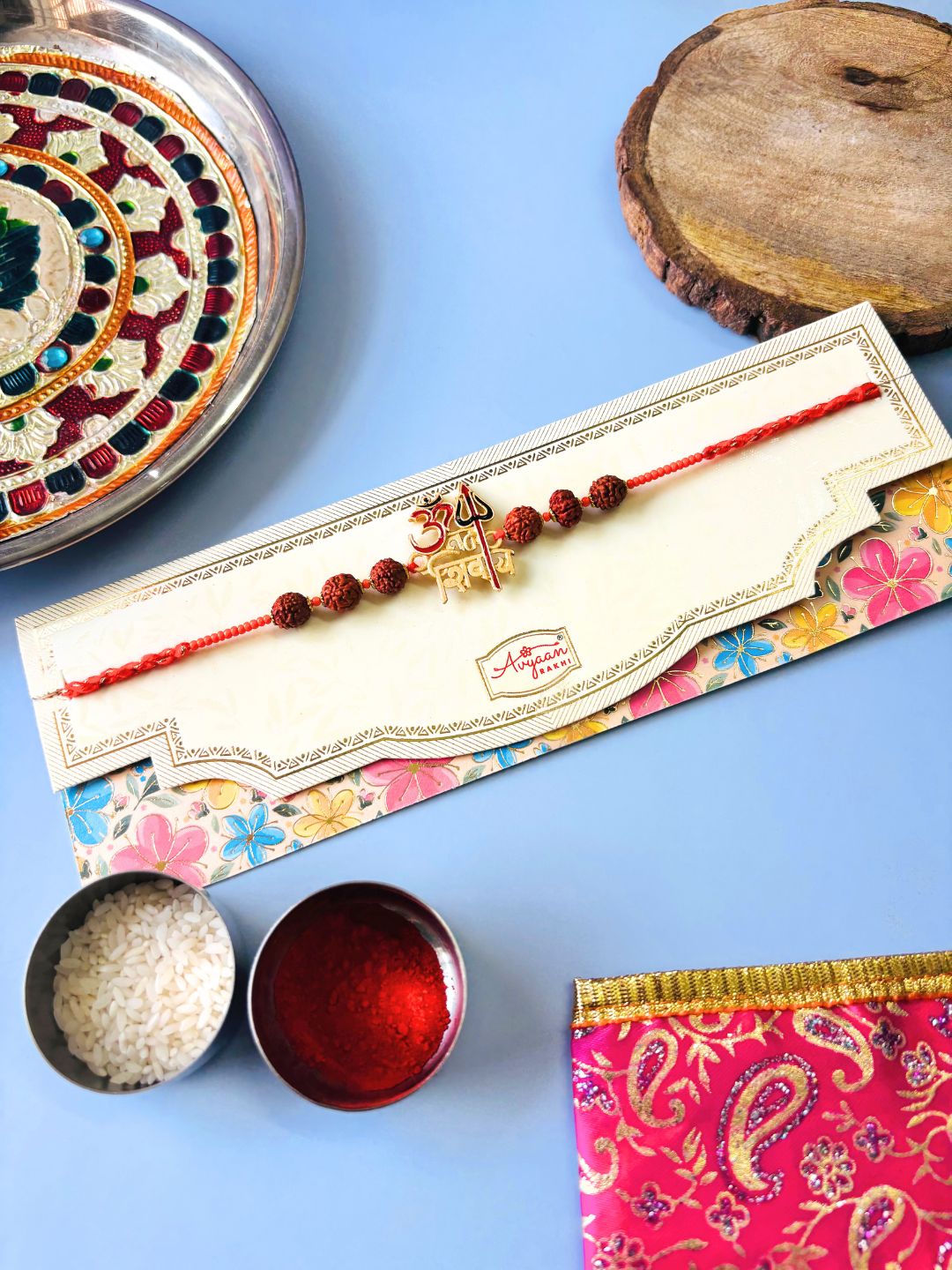 Om Namah Shivaay Rudraksh Traditional Rakhi with Roli Chawal for Brother