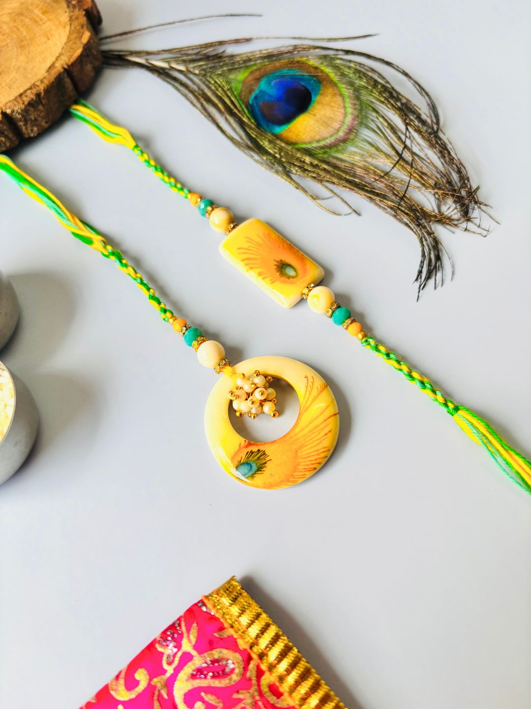 Resin Morpankh Lumba Rakhi Set for Bhaiya Bhabhi with Roli Chawal