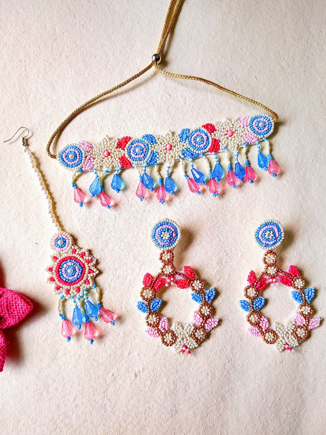 Zia Floral Bridal Choker Maangtika Set (Blue and Red)
