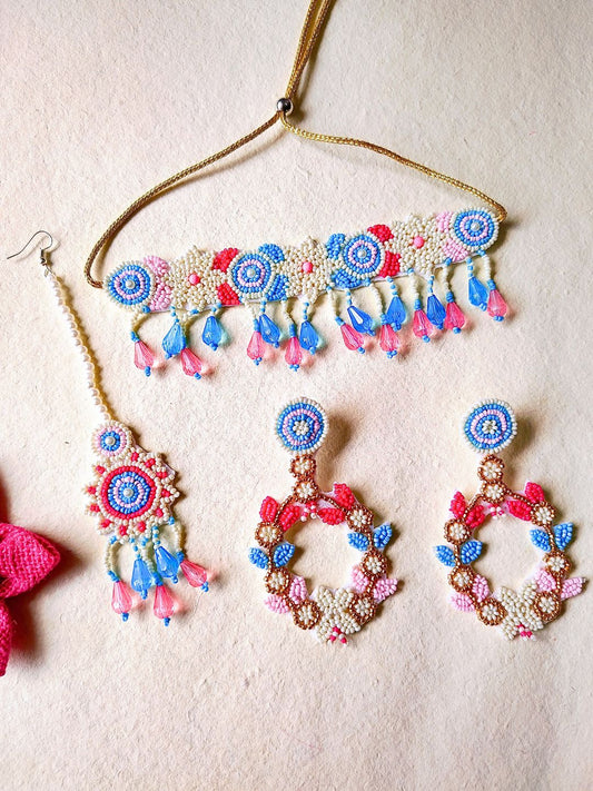 Zia Floral Bridal Choker Maangtika Set (Blue and Red)