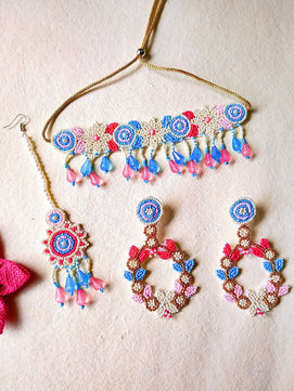 Zia Floral Bridal Choker Maangtika Set (Blue and Red)