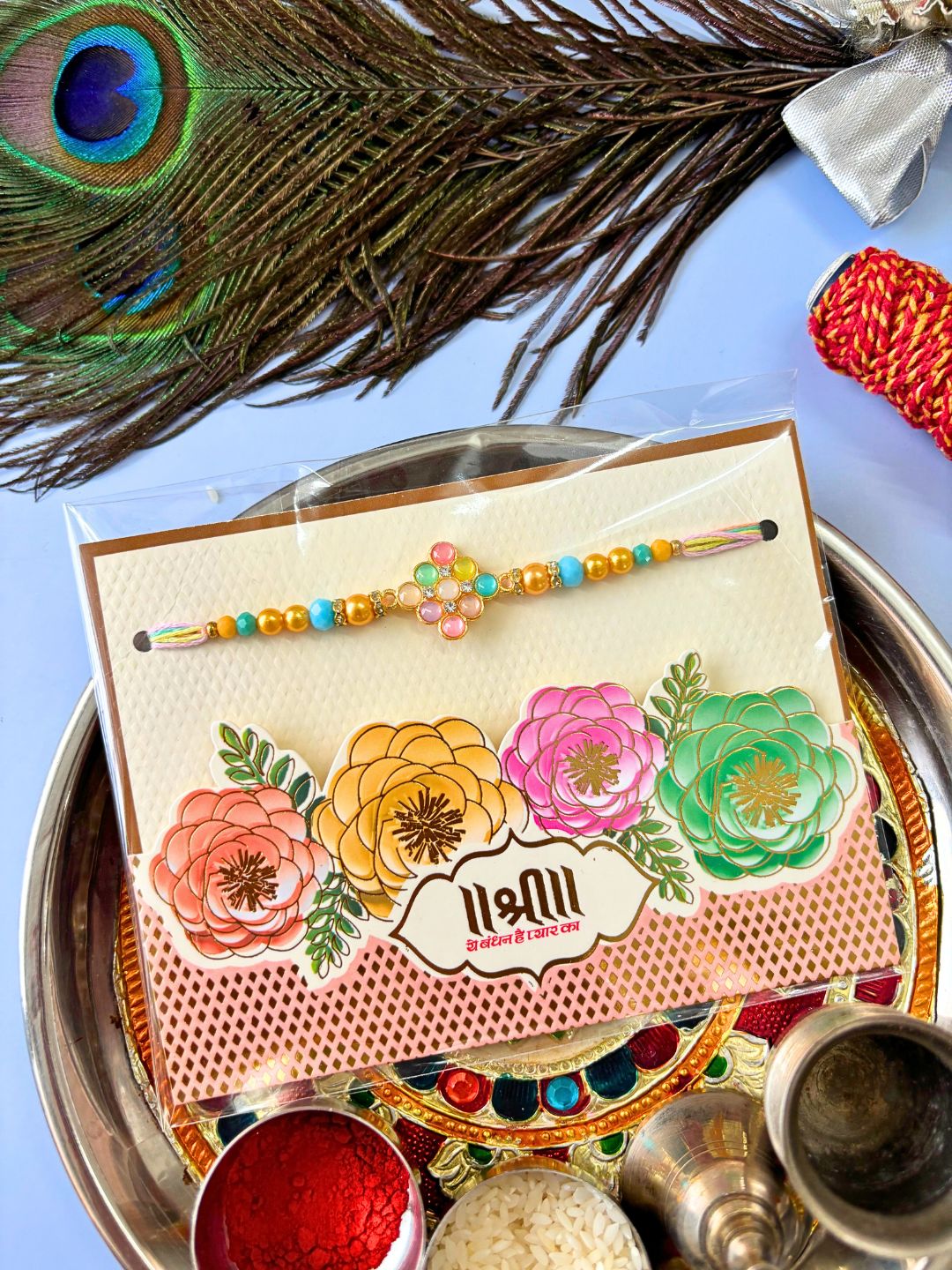 Cute Multicolor Stone Rakhi with Roli Chawal for Brother and Kids