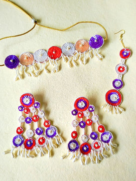 Sequina Maangtika Choker Set (Purple and Orange)