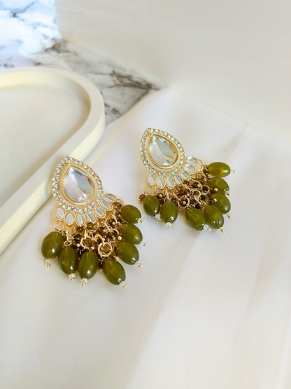 Kundan Minakari Tassel Earrings (Olive Green)