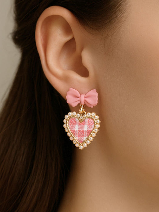 Gingham Heart Bow Earrings