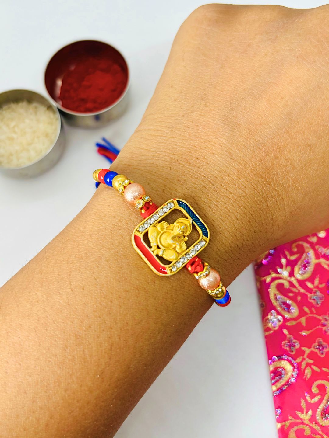 Traditional Ganeshji Meenakari Kundan Rakhi with Roli Chawal for Brother
