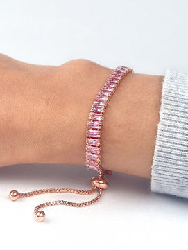 Pink American Diamond Rose Gold-plated Tennis Bracelet Anti-tarnish Stainless Steel Bracelet (Copy)