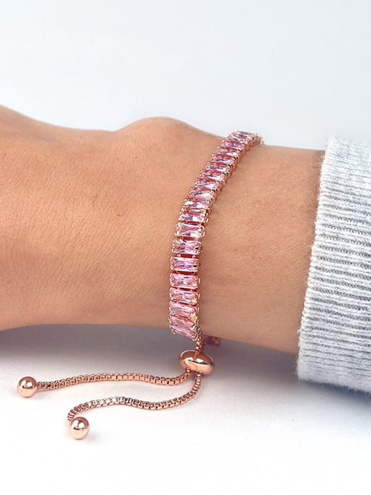 Pink American Diamond Rose Gold-plated Tennis Bracelet Anti-tarnish Stainless Steel Bracelet (Copy)