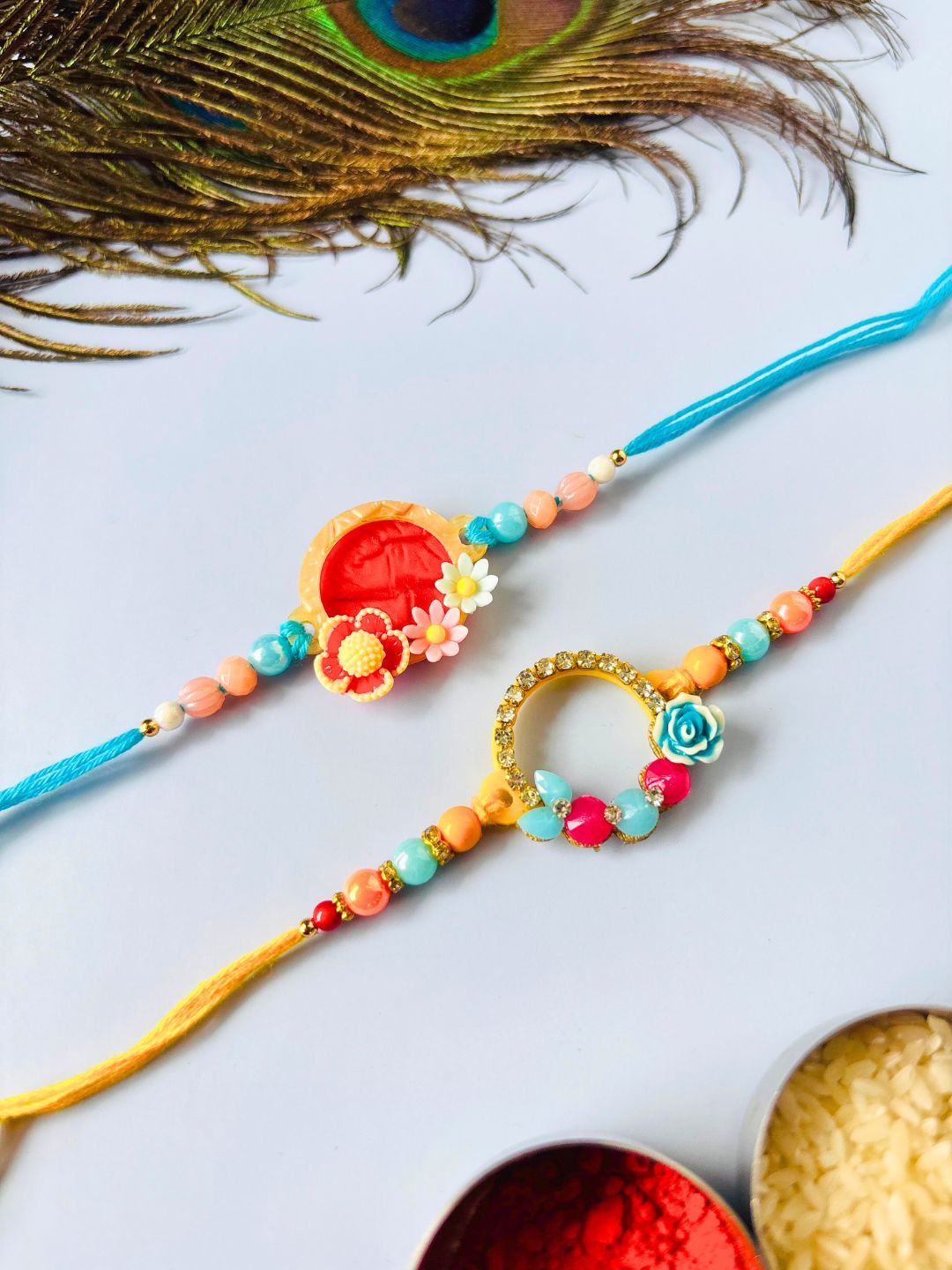 Cute Floral Kids Rakhi with Roli Chawal for Brother (Pack of 2)