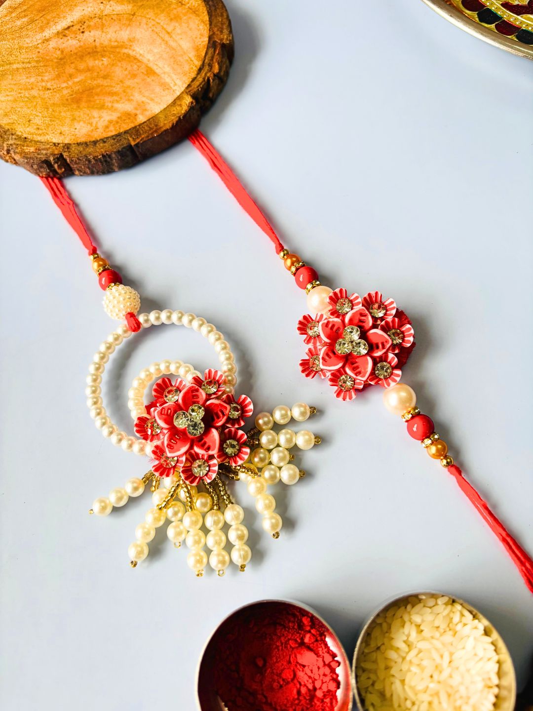 Pearl Lumba Rakhi Set for Bhaiya Bhabhi with Roli Chawal