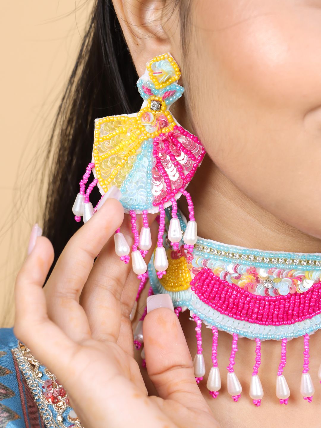 Florentina Bridal Maangtika Earrings Set (Pink and Yellow)