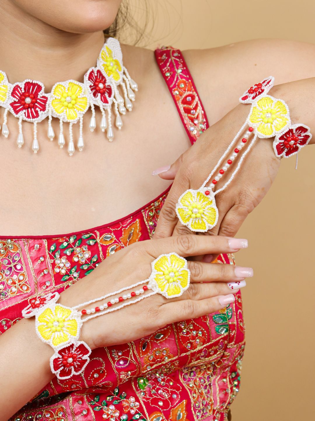 Flower Blossom Bridal Jewellery Set (Red and Yellow)
