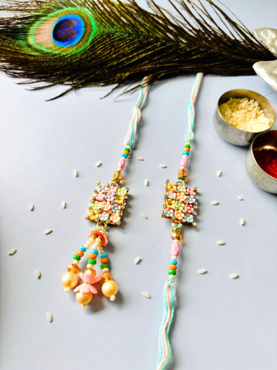 Pastel Lumba Rakhi Set for Bhaiya Bhabhi with Roli Chawal