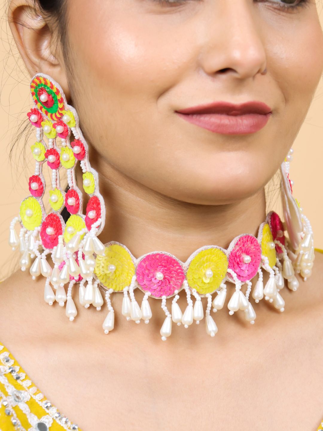 Sequina Bridal Jewellery Set (Pink and Yellow)