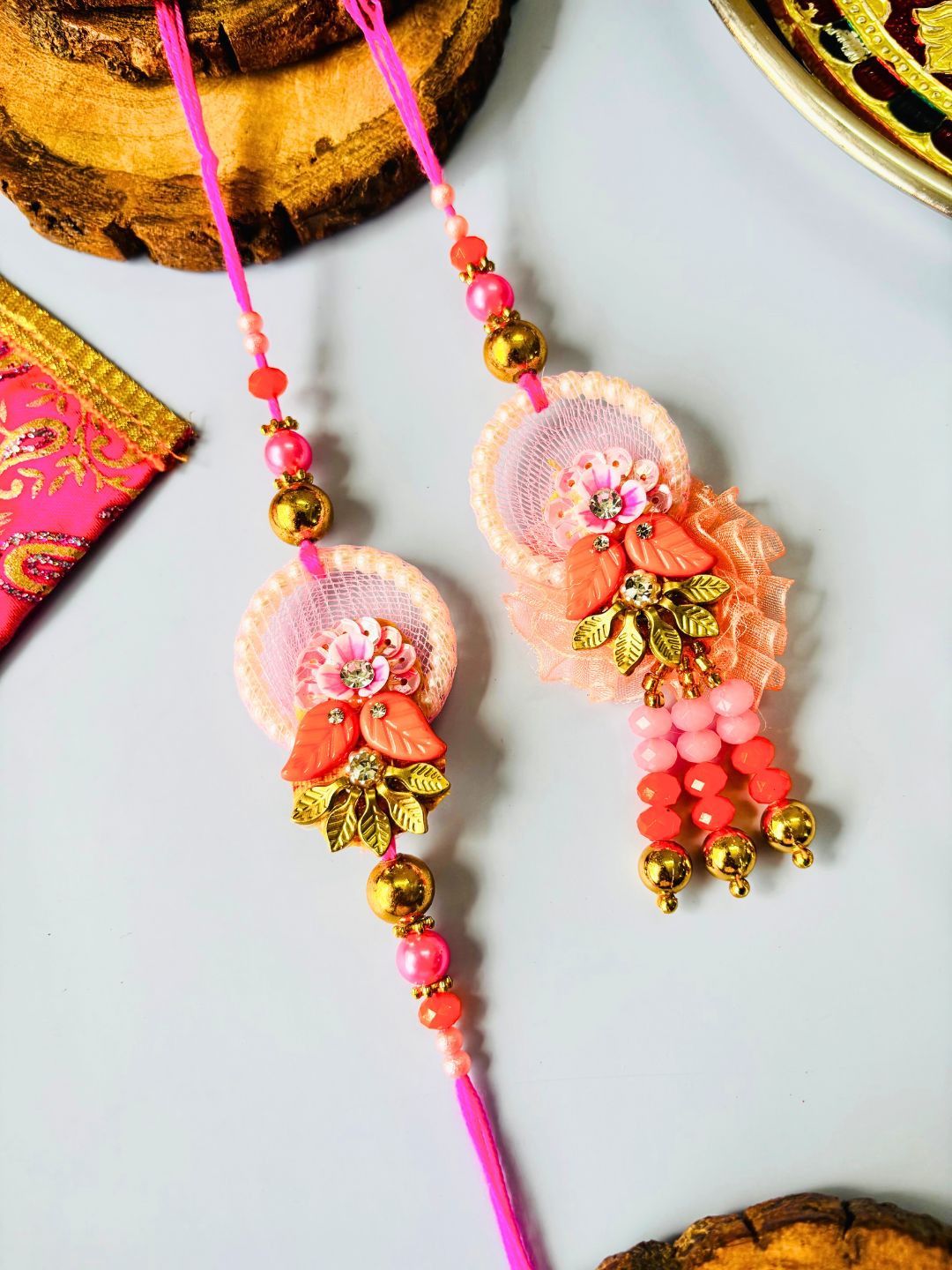 Multicolor Floral Lumba Rakhi Set for Bhaiya Bhabhi with Roli Chawal