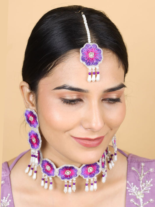 Bloom Floral Bridal Choker Maangtika Set (Pink Purple)