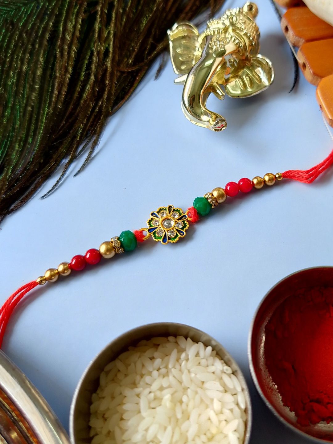 Traditional Kundan Rakhi with Roli Chawal for Brother - Flower Accent (Pack of 2)