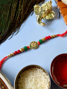 Traditional Kundan Rakhi with Roli Chawal for Brother - Flower Accent (Pack of 2)