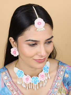 Flower Blossom Bridal Choker Maangtika Set (Pink and Blue)