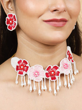 Flower Blossom Choker Maangtika Set (Red Pink)